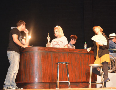 South students rehearse a scene from the fall play, "You Have the Right to Remain Dead." From left are Tristan Harris, Isabelle Loos, Henry Leith and Leslie Hall. Photo by Delaney Jackson