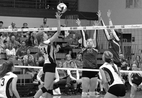 Juniors Sarah Waisner, left, and Genna Berg go up for a block against Lee's Summit. Photo by Zoey Mounty