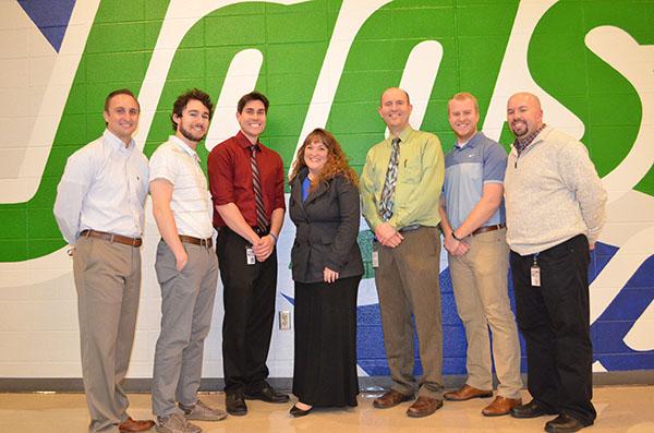 Teachers Heath Creek, Danny Mathis, Nathan Dorsch, Katie Rucinski, David Cuele, Jakob Estep, and Nathan Mooney are all South Alumni. Staff Photo