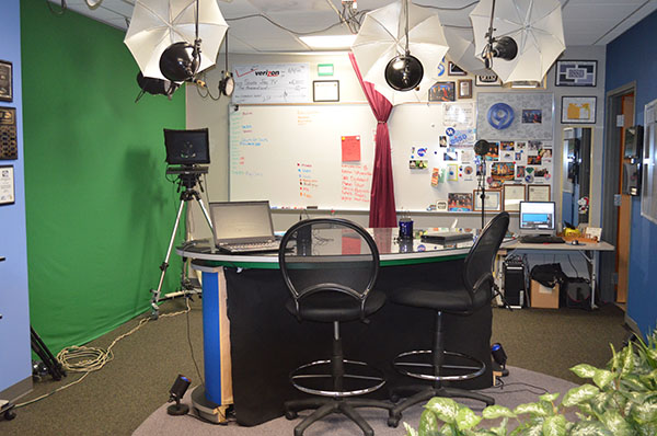 South students film segments of Jag TV in this room. Jag TV is one of three student-media programs covering students and activities at Blue Springs South. Photo by Caeden Smithpeter.