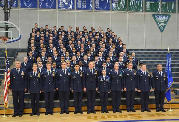 Cadets from Blue Springs South Air Force JROTC core stand at attention on Wednesday, September 5, during decoration ceremony.  Photo by Amy Pacas