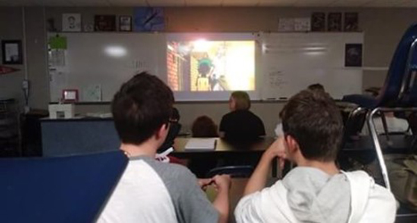 Students watch episode 3 of My Hero Academia during an Anime Club meeting. The club meets every other week in Cody Fritts room, 11. The club alternate its focus from video games to anime each week.