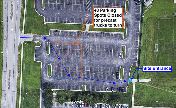 This photo indicates where student parking spots in the blue lot will be temporarily lost  Feb. 19-22 so construction crews can make deliveries for the freshman wing addition. 