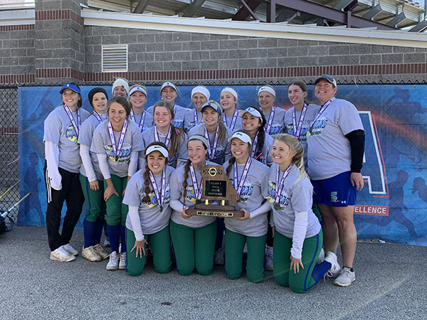 Jags softball dog piles after state title game.
Photo by: The Jag staff