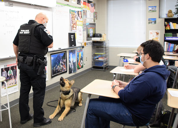 Ado, a German shepherd, waits for his partner, resource office Russell Berry, to give him a command during a demonstration in a South class. Ado and Berry joined South earlier this semester. Photo by Sonnie Hernandez.