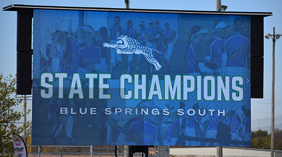 The display board at Kilean Sports Complex shows the Blue Springs South Jaguars that they are the state champions. Staff photo