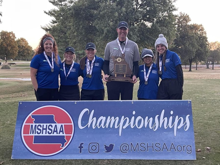 The Blue Springs South girls golf team and coaches pose with the team second-place trophy. The Jags finished second behind St. Joseph Academy, Souths highest finish at state since winning the state title in 2002. Photo submitted