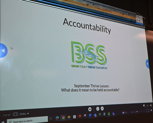 Picture of the title slide of a Thrive presentation on accountability. South has implemented the Thrive program into Jag Hour. 