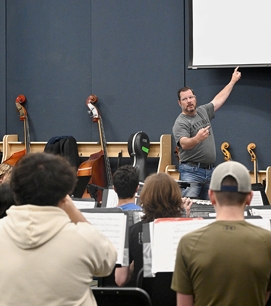 Hansen is directing his band students to get to the right tempo. He has been chosen as Souths teacher of year this year.