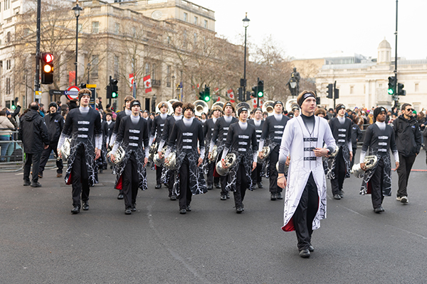 Jaguar Pride drum major Caleb Davis leads the Marching Band during the London New Year's Day Parade. Photo courtesy of Ken Hansen.